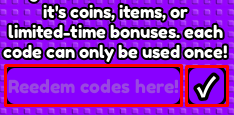 Kick a Brainrot enter codes box and tick icon