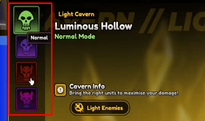 Anime Last Stand Cavern of Light difficulty options