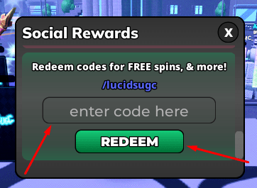 The enter code here box and REDEEM button in SPIN 4 FREE UGC