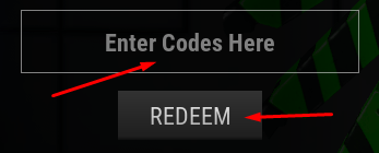 Enter Codes Here box and REDEEM button to redeem codes in Saber Arena