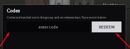 The enter code box and REDEEM button in Venture : AOT