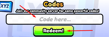 The "Code here" box and Redeem button in Clicking SImulator Ultimate