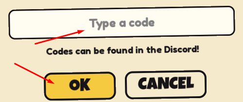Type a code box and OK button to redeem codes in Inkhead