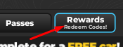 Rewards tab to reveal the code redemption UI