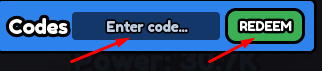 Enter code box and REDEEM button to redeem codes in +1 POWER PER CLICK