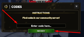 The Enter code here... box and REDEEM button in Anime Card Battle X