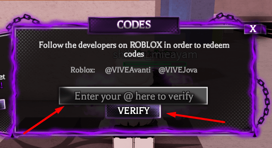 The Enter your @here to verify box and Verify button in Jujutsu Beatdown