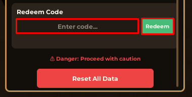 Idle Potato Game enter codes box and redeem button