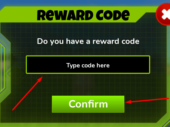 The Type code here box and Confirm button in Ben 10 Super Hero Time