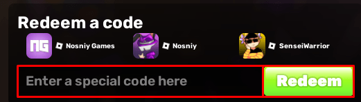 RIVALS enter codes box and redeem button