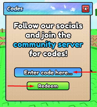 The Codes section for Catch Your Fish where you can type and redeem codes.