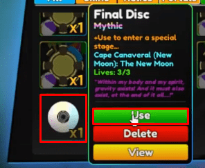 Anime Adventures Final Disc Use button