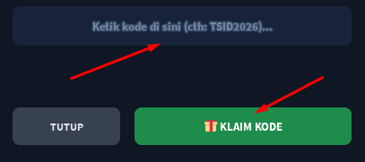 Kelik kode di sini box and KLAIM KODE button to redeem codes in Simulator Truk Indonesia