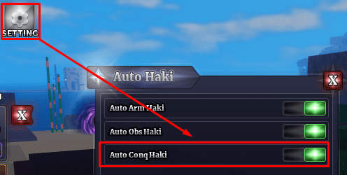 The "Auto Haki Settings" menu in Sailor Piece with "Auto Conq Haki" highlighted