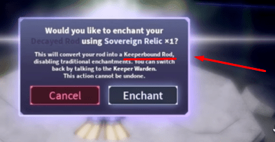 Using a Sovereign Relic on a rod in Fisch