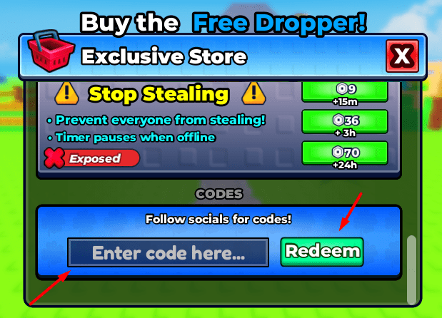 The "Enter code here..." box and Redeem button in Nuke Your City