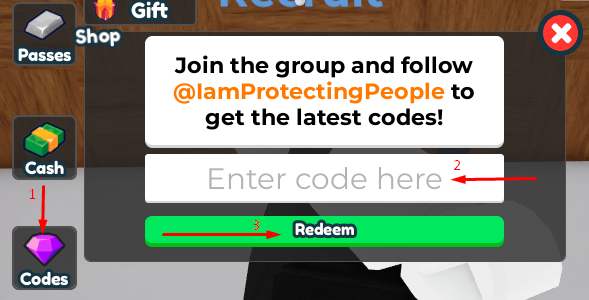 The codes section where you can type and redeem rewards in Tacitcal: Swat Simulator