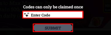 Racket Rivals enter codes box and submit button