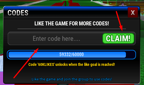 The Enter code here... box and CLAIM! button in Football Legends