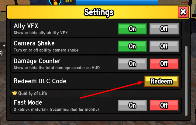 The Redeem DLC Code box and Redeem button in Blox Fruits