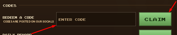 The ENTER CODE box and CLAIM button in Pixel Blade