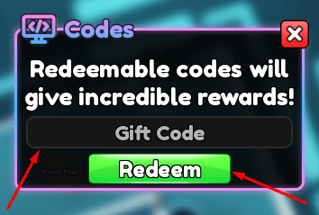 The Gift Code box and Redeem button in Foodie Frenzy Tower Defense