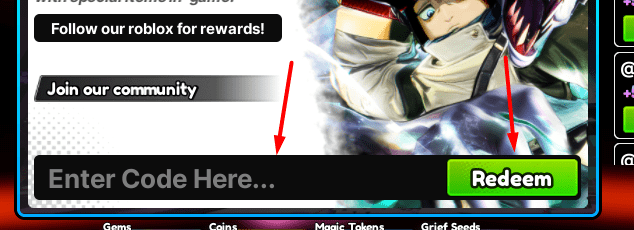 The Type Code Here... box and Redeem button in Anime Ascendants