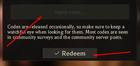 The Input code... box and Redeem button in Blair