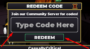 The Type Code Here box and REDEEM button in WRESTLE! | Roblox Wrestling