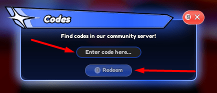The Enter code here... box and redeem button in Anime Card Clash