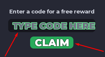 The TYPE CODE HERE box and CLAIM button in Sand To Rich