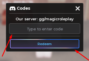 The Type to enter code box and Redeem button in Magic Tulevo