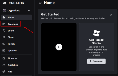 The Creations tab in Roblox's Creator Dashboard