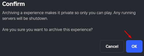The confirmation screen when archiving a Roblox game