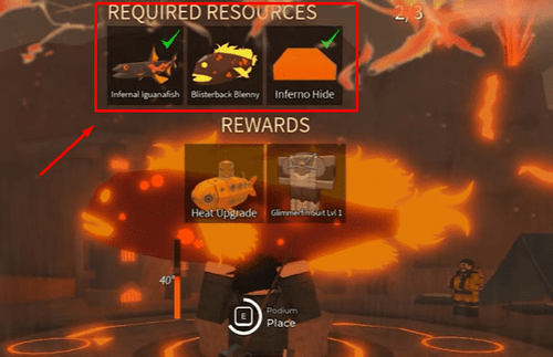 Turning in resources at the Volcanic Vents podium in Fisch