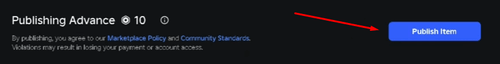 The Publishing Advance fee and Publish Item button in Roblox's Creator Dashboard
