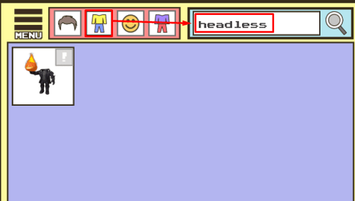 The yellow shirt and blue pants icon and "headless" search results in Berry Avenue