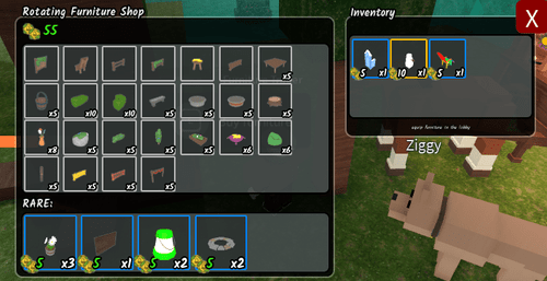 An example of the Furniture Trader's shop in 99 Nights in the Forest