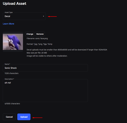 A filled-out decal upload page on Roblox