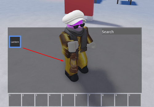 My character holding a lantern from my inventory