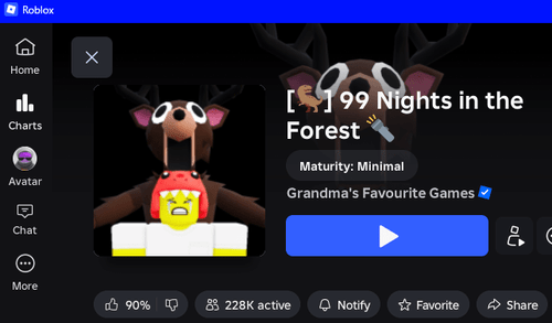 The Roblox app showing 99 Nights in the Forest