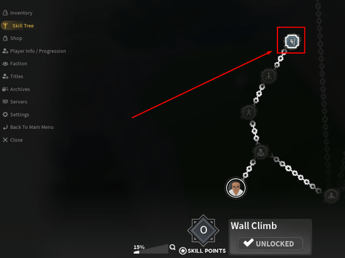 The Wall Climb skill node in Slayers 2