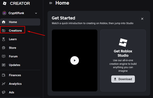 The Roblox Creator Dashboard with "Creations" highlighted