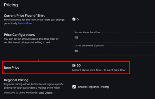 The Pricing options in Roblox's Creator Dashboard
