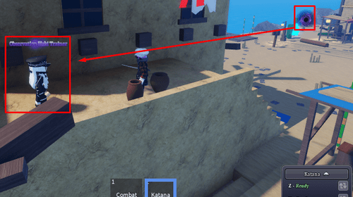 Directions from the Desert Island teleporter to the Observation Haki Trainer in Sailor Piece