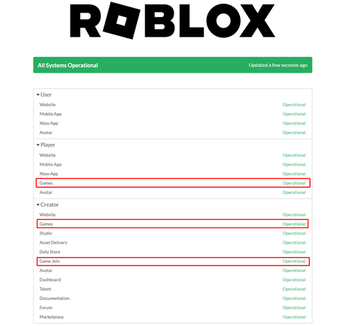 Roblox's official status page with the "Games" and "Game Join" lines highlighted