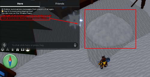 The "It begins to snow heavily over Frozen Village" message and mound of snow in Blox Fruits