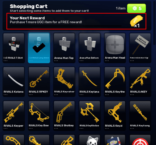 The UGC shop with the 1 skin ticket reward highlighted in RIVALS