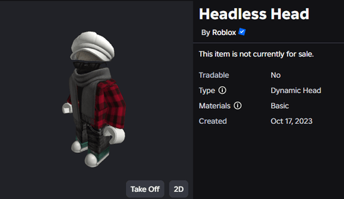 My Roblox avatar trying on the "Headless Head" item