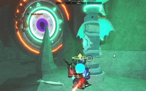 The green totem and a fully-lit vault door in Fisch